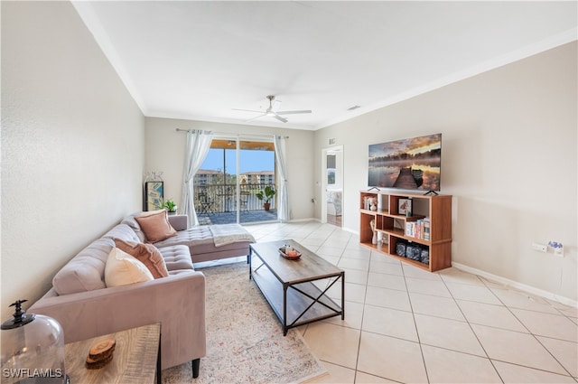 living room featuring crown molding, light tile patterned floors, and ceiling fan