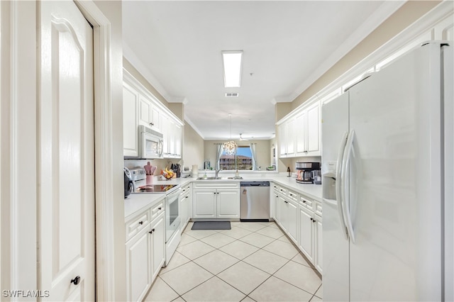 kitchen featuring kitchen peninsula, light tile patterned floors, white cabinetry, sink, and white appliances