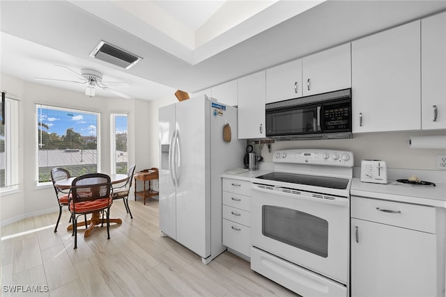 kitchen with white cabinetry, ceiling fan, white appliances, and light wood-type flooring