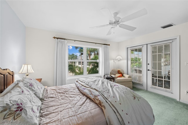 bedroom featuring carpet flooring, access to exterior, and ceiling fan