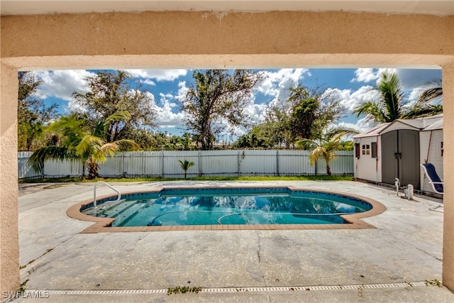 view of pool with a patio and a shed