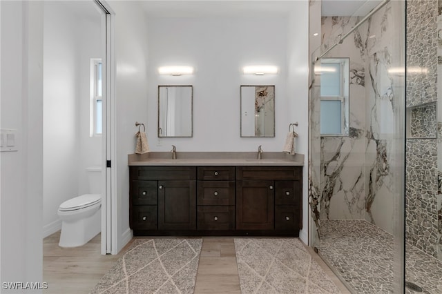 bathroom with hardwood / wood-style flooring, vanity, toilet, and an enclosed shower