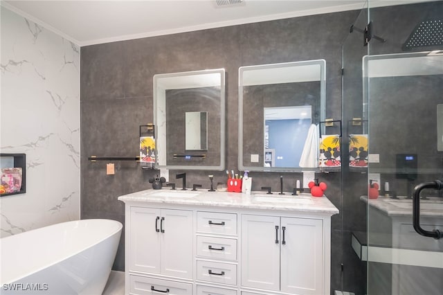 bathroom with vanity, ornamental molding, and shower with separate bathtub