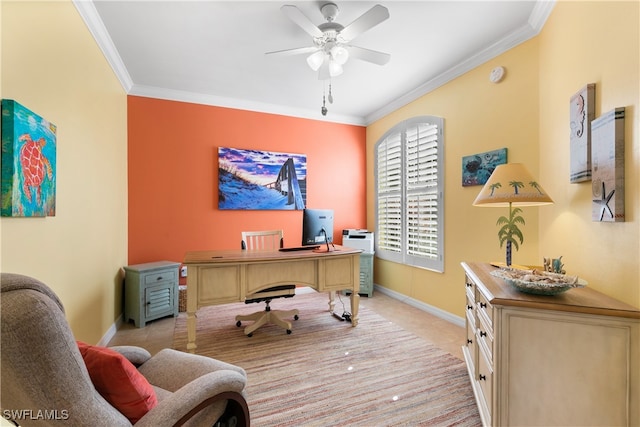 office area with ornamental molding, light tile patterned flooring, and ceiling fan