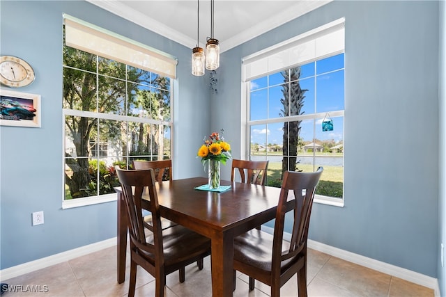 tiled dining area with ornamental molding