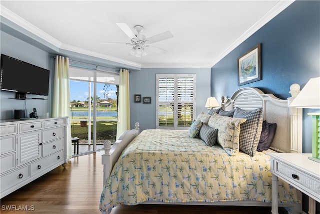 bedroom with ornamental molding, dark hardwood / wood-style floors, access to exterior, and ceiling fan