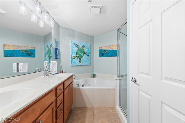 bathroom featuring vanity, separate shower and tub, and tile patterned flooring