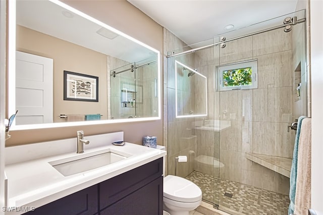 bathroom featuring vanity, toilet, and walk in shower