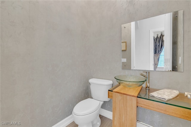 bathroom featuring toilet, hardwood / wood-style floors, and vanity