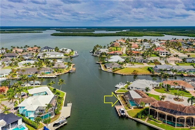 aerial view featuring a water view