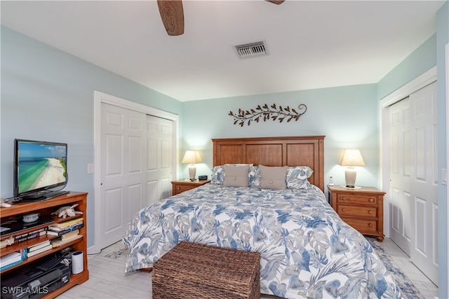 bedroom featuring ceiling fan and light hardwood / wood-style flooring