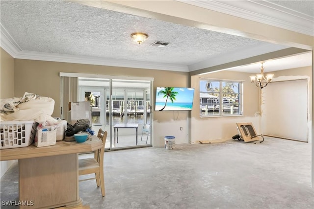 miscellaneous room featuring crown molding, an inviting chandelier, concrete floors, and a textured ceiling