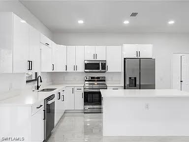 kitchen with sink, appliances with stainless steel finishes, and white cabinets