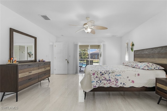 bedroom featuring access to outside and ceiling fan