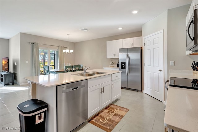 kitchen featuring white cabinetry, sink, an island with sink, and appliances with stainless steel finishes