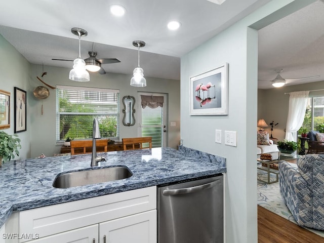 kitchen featuring dishwasher, sink, dark stone counters, and dark hardwood / wood-style floors