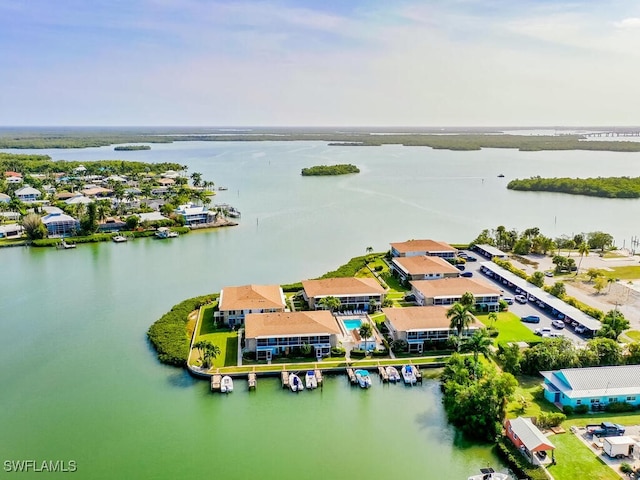 aerial view featuring a water view