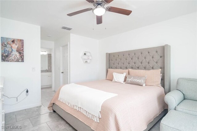 tiled bedroom featuring ensuite bath and ceiling fan