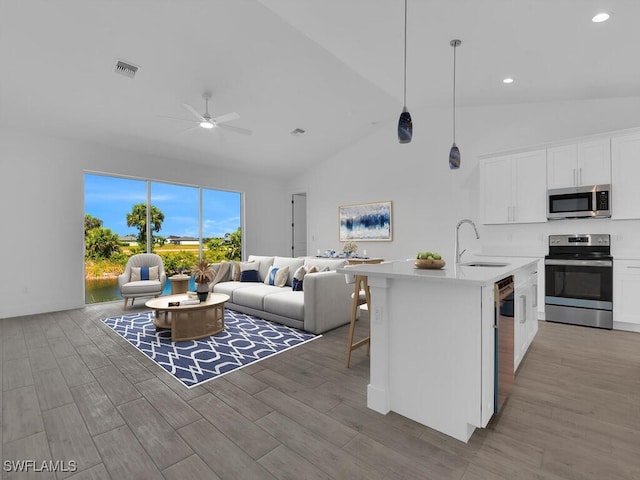 kitchen with white cabinetry, sink, stainless steel appliances, and light hardwood / wood-style flooring