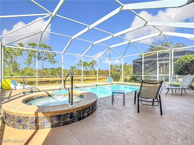 view of swimming pool with a water view, a patio, glass enclosure, and an in ground hot tub