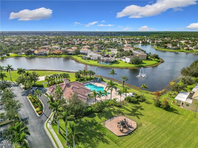 drone / aerial view featuring a water view