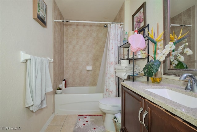 full bathroom with vanity, shower / bath combo, toilet, and tile patterned floors