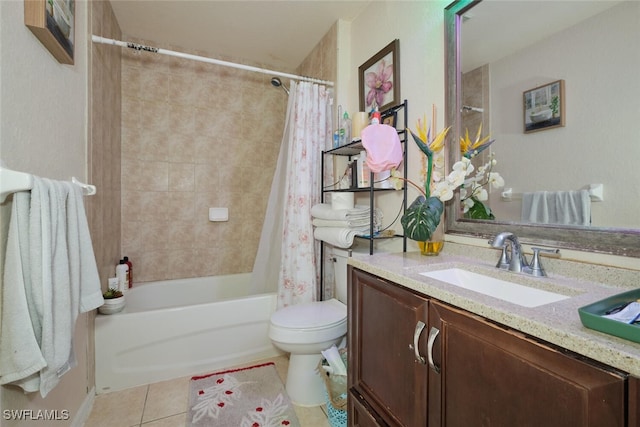 full bathroom with toilet, shower / bath combo, vanity, and tile patterned flooring