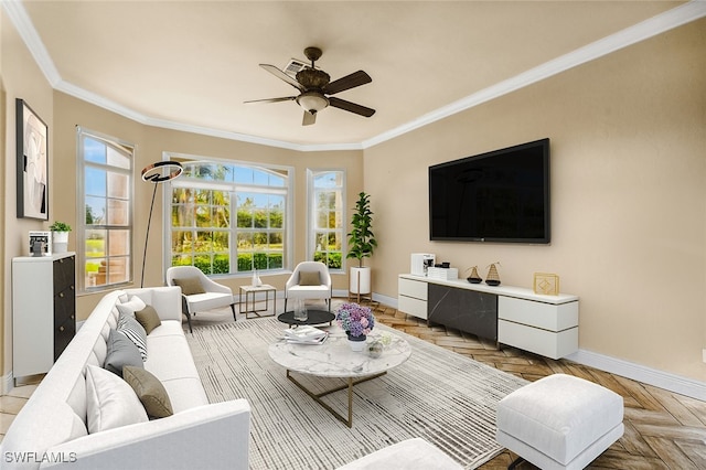 living room with light parquet floors, ornamental molding, and ceiling fan