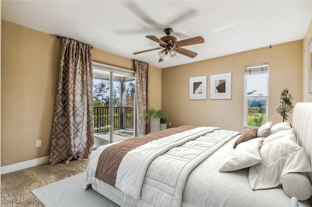 bedroom with carpet, access to exterior, and ceiling fan