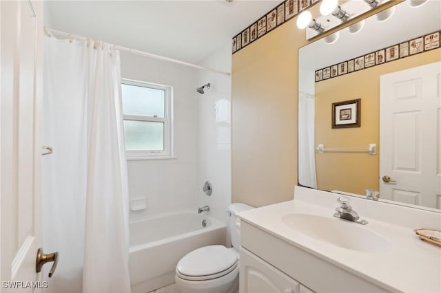 full bathroom with vanity, toilet, and shower / bath combination with curtain