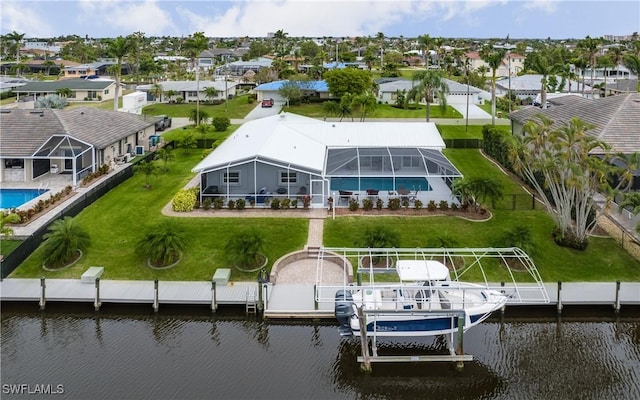 exterior space with a water view