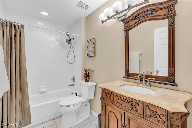 full bathroom featuring shower / bath combination with curtain, vanity, toilet, tile patterned floors, and an inviting chandelier