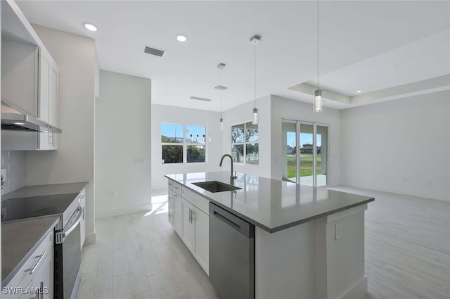 kitchen with light wood-style flooring, white cabinetry, a sink, dishwasher, and under cabinet range hood