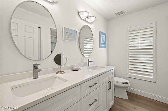 bathroom with vanity, wood-type flooring, and toilet