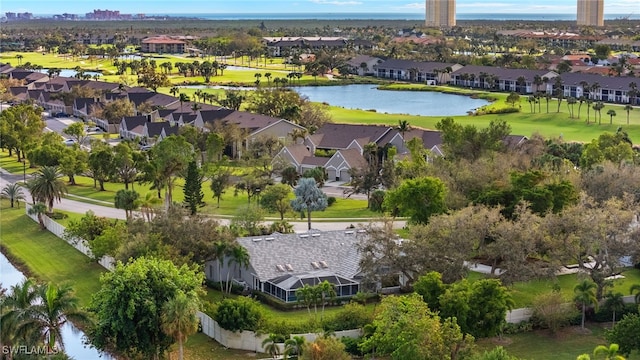 bird's eye view with a water view