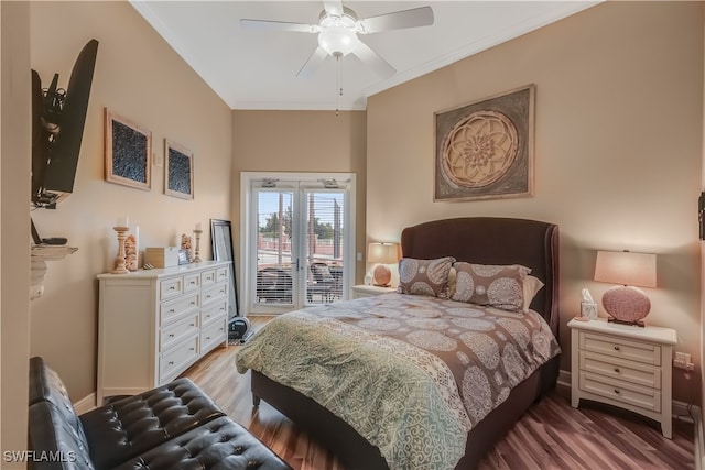 bedroom with ceiling fan, hardwood / wood-style flooring, access to outside, and crown molding