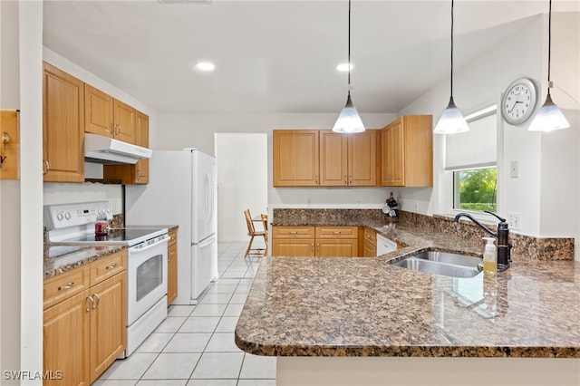 kitchen with kitchen peninsula, white range with electric cooktop, light tile patterned flooring, pendant lighting, and sink