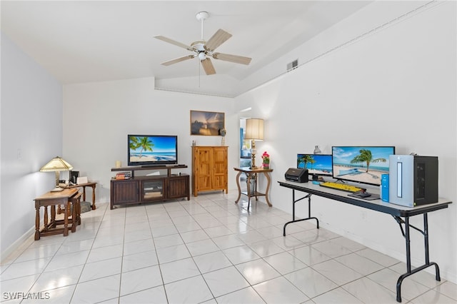 tiled office space with ceiling fan