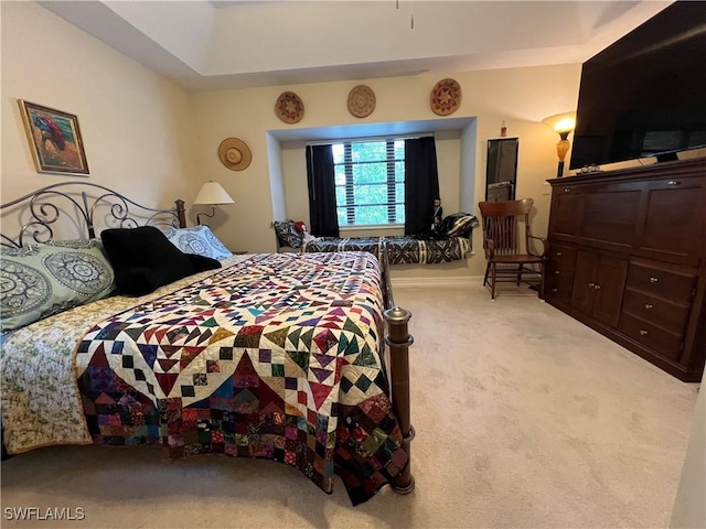 carpeted bedroom with a raised ceiling