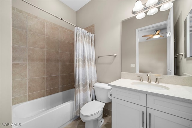 full bathroom featuring shower / bathtub combination with curtain, ceiling fan, tile patterned flooring, vanity, and toilet