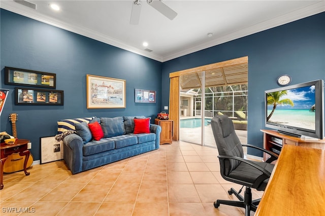 tiled office space featuring crown molding and ceiling fan