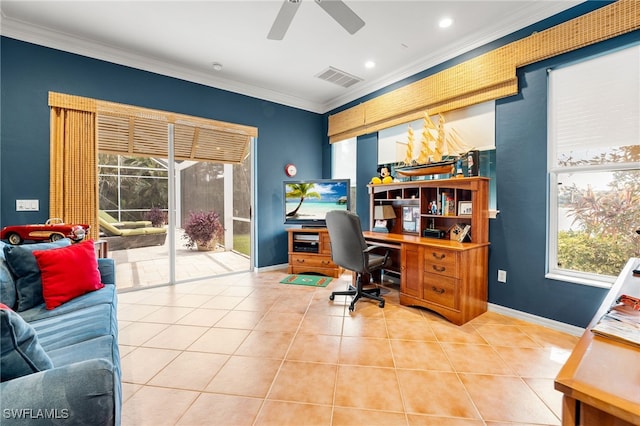 office featuring tile patterned flooring, ornamental molding, and ceiling fan