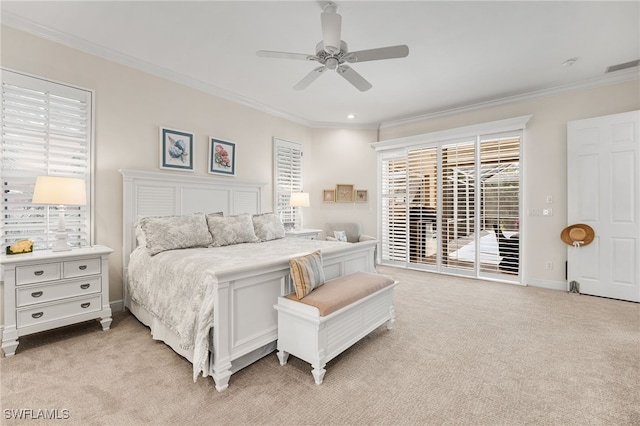 carpeted bedroom with crown molding, access to exterior, and ceiling fan