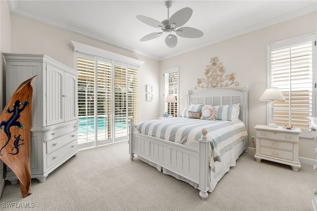 bedroom with light carpet, access to outside, ornamental molding, and ceiling fan