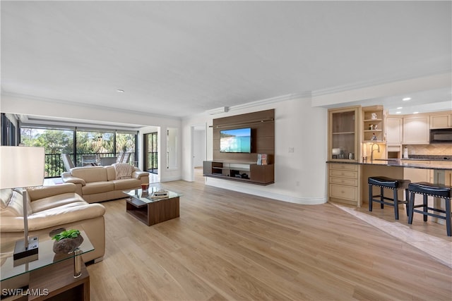 living room featuring light hardwood / wood-style flooring, ornamental molding, and sink