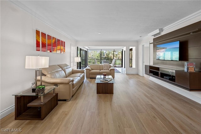 living room featuring crown molding and light hardwood / wood-style floors