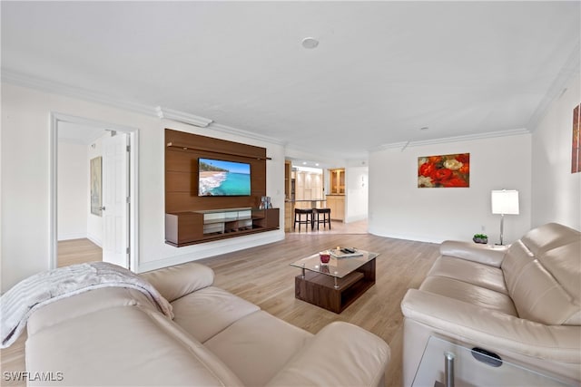 living room featuring ornamental molding and light wood-type flooring