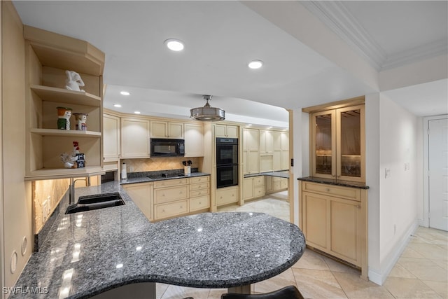 kitchen featuring backsplash, ornamental molding, black appliances, light tile patterned flooring, and sink