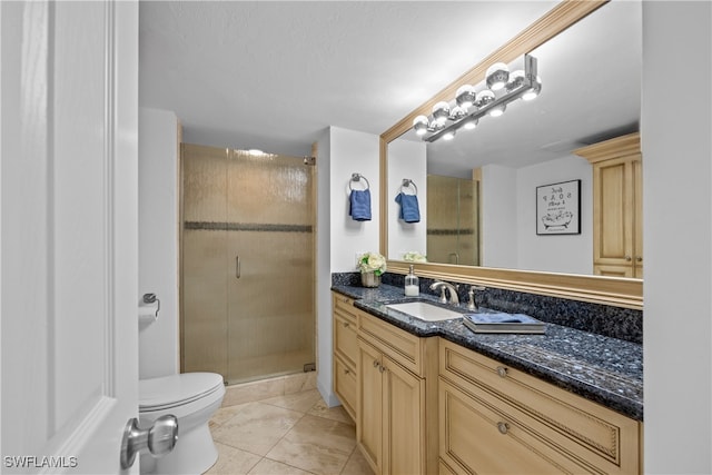 bathroom with vanity, walk in shower, and toilet