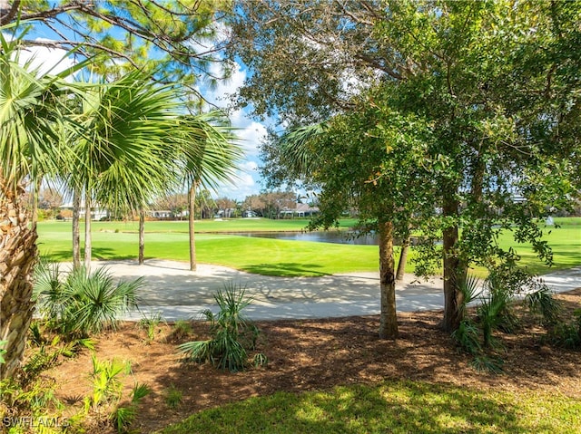 view of community with a yard and a water view